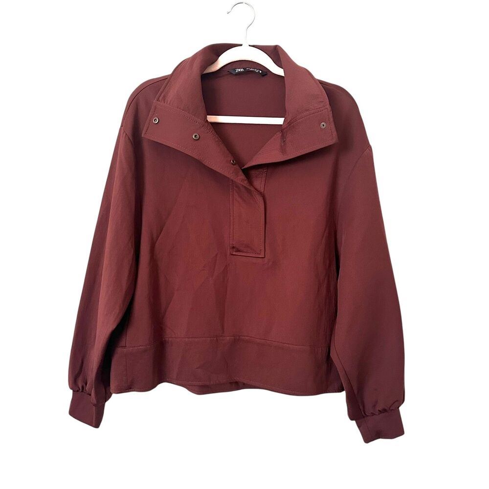 ZARA Snap Button Pullover Satin-Like Sweatshirt Brown Small